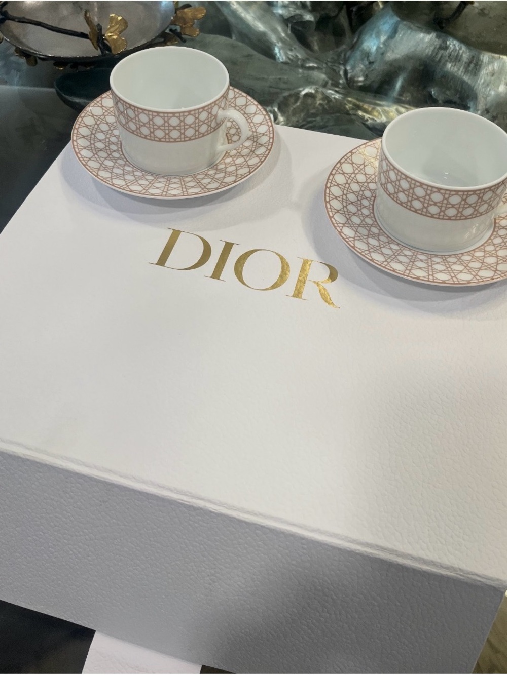 Dior Porcelain Tea Cup & Saucer Set in Blush and Gold Accent